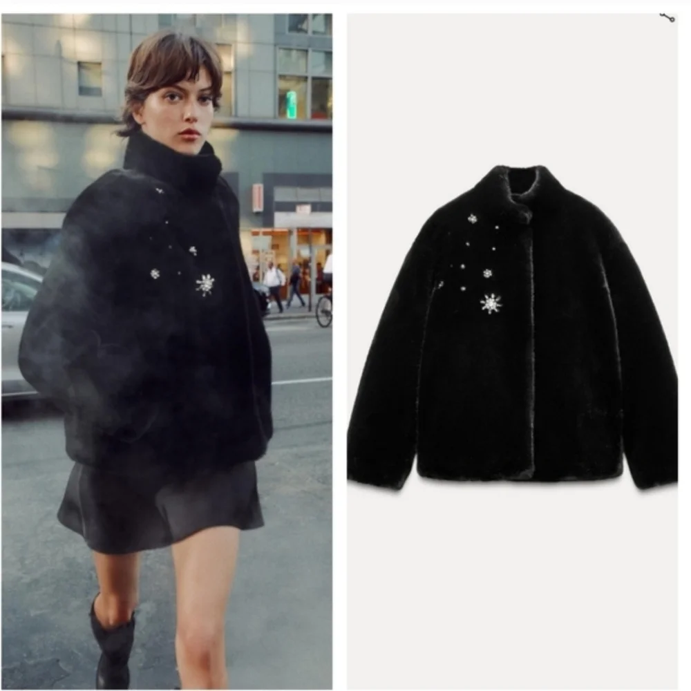 Zara Coat Jewel Faux Fur Black NWT - Picture 4 of 12
